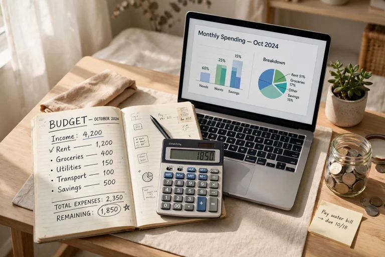 The 50/30/20 Budget Rule: A Simple Plan for Rising Costs Home desk with a budget notebook, calculator and laptop for household budgeting