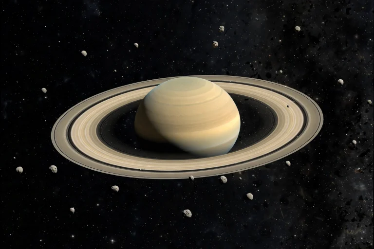 Astronomers Confirm 128 More Moons Orbiting Saturn Saturn and its rings surrounded by many small moons in deep space