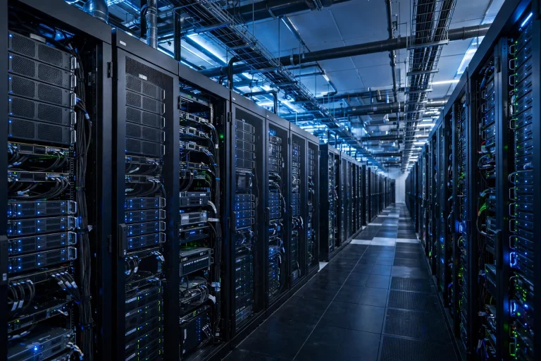 Rows of servers inside a modern AI data center
