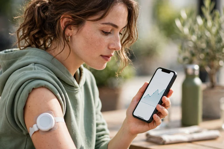 Person checking a continuous glucose monitor reading on a smartphone
